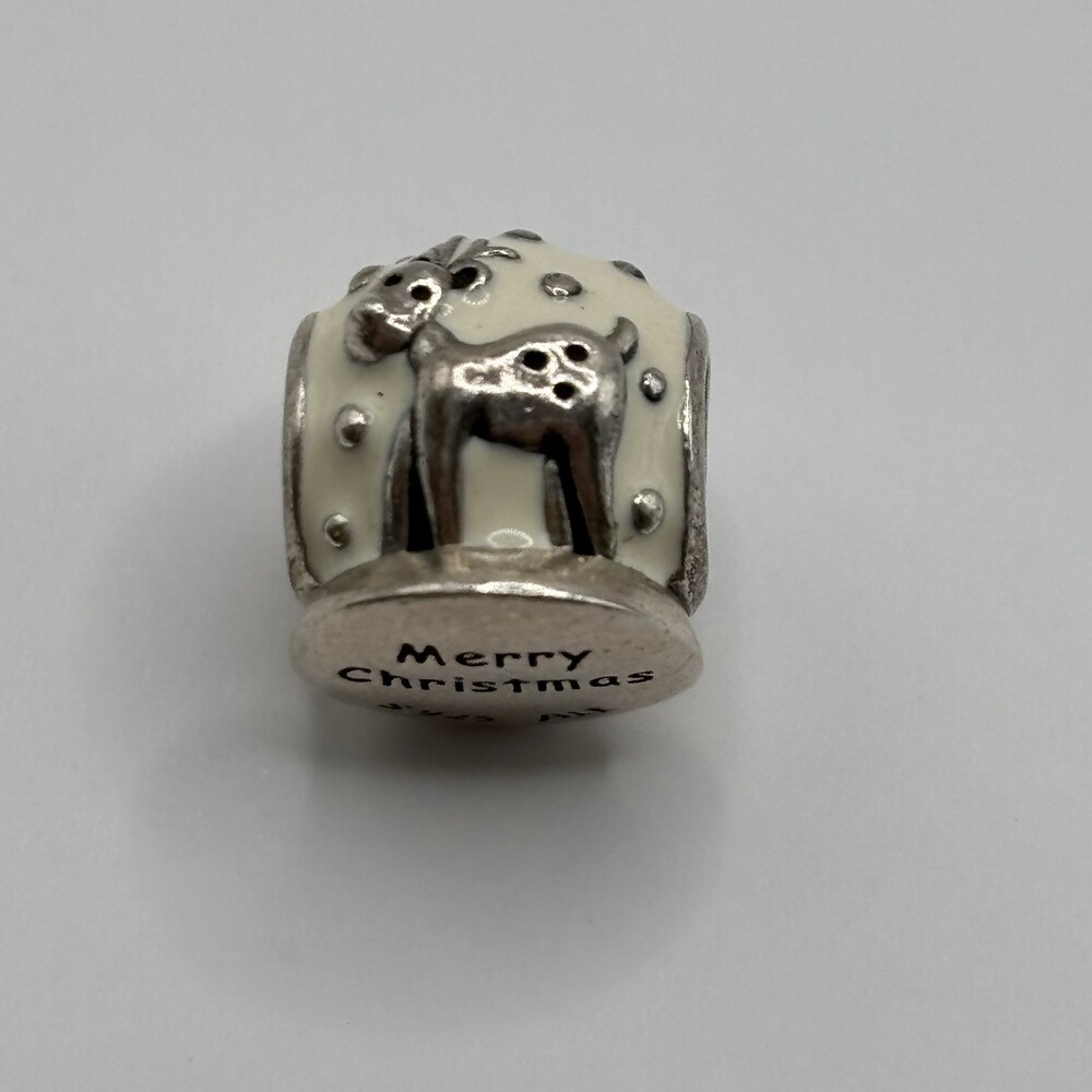 Pandora Charm Snow Globe White Enamel Reindeer Christmas 925Sterling Silver 5.3g